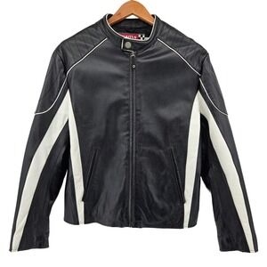 Wilsons Leather Mens Cafe Racer Moto Jacket Black White Stripe M